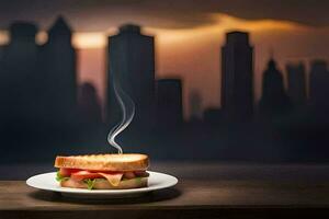 the city skyline is the background for this sandwich. AI-Generated photo