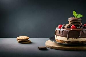 a chocolate cake with berries and cookies on a black background. AI-Generated photo