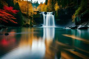 un cascada en el otoño con rojo hojas. generado por ai foto