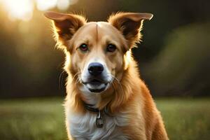 un perro sentado en el césped con el Dom detrás él. generado por ai foto