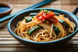 a bowl of noodles with vegetables and chopsticks. AI-Generated photo