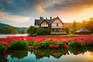 a beautiful house sits on the shore of a lake with pink flowers. AI-Generated photo