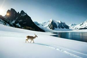a deer is walking across a snowy field. AI-Generated photo
