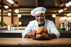 chef holding a plate of fried chicken. AI-Generated photo