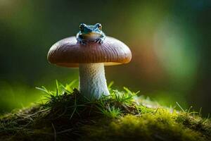 a frog sits on top of a mushroom. AI-Generated photo