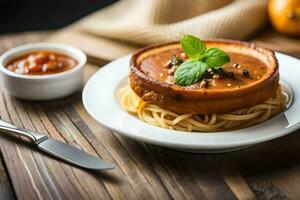 spaghetti with tomato sauce and basil leaves on a wooden table. AI-Generated photo