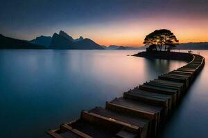 a wooden pier stretches out into the water at sunset. AI-Generated photo