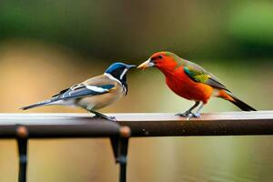 dos vistoso aves en pie en un barandilla. generado por ai foto