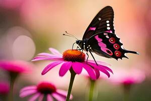 a butterfly is sitting on a pink flower. AI-Generated photo