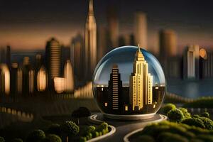 a glass ball with a city inside it. AI-Generated photo