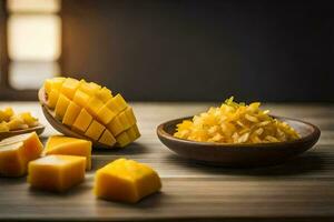 mango slices and a bowl of mango on a table. AI-Generated photo