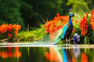 a peacock standing on the edge of a pond with colorful flowers. AI-Generated photo