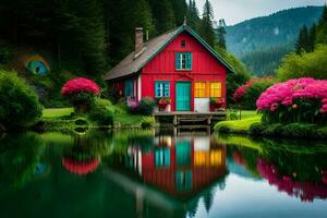 un rojo casa se sienta en el borde de un lago. generado por ai foto