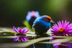 a colorful bird sits on top of a pond with purple flowers. AI-Generated photo