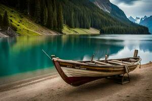 a boat sits on the shore of a lake. AI-Generated photo