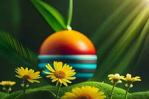 an easter egg is sitting on a green grassy field with yellow flowers. AI-Generated photo