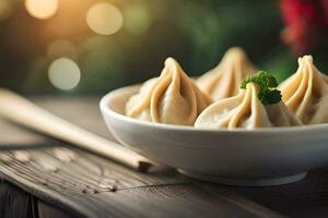dumplings in a bowl on a wooden table. AI-Generated photo