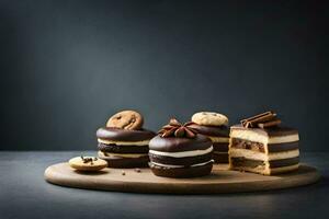 chocolate cakes on a wooden board with a dark background. AI-Generated photo