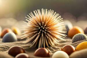 a spiky ball of colored eggs on a sandy beach. AI-Generated photo