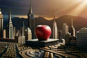 an apple sits on top of a cityscape. AI-Generated photo