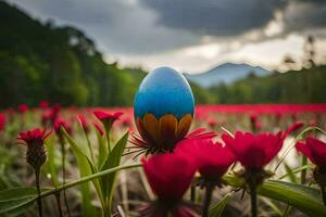 a blue egg sitting in a field of red flowers. AI-Generated photo