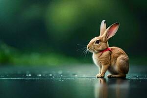 a small rabbit sitting on the ground with raindrops on it. AI-Generated photo