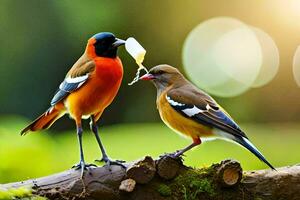 dos aves son en pie en un rama con un pedazo de alimento. generado por ai foto