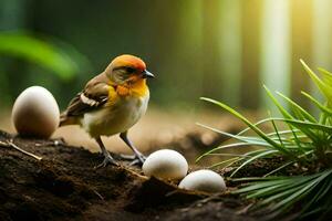 a bird is standing next to eggs in the forest. AI-Generated photo