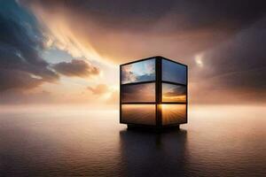 a cube with a sunset in the background. AI-Generated photo