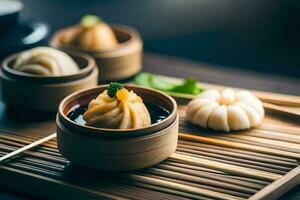 dumplings in small bowls on a wooden tray. AI-Generated photo