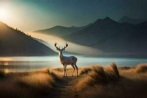 a deer stands in the middle of a field with mountains in the background. AI-Generated photo