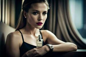 a woman with red lips and a black dress holding a bottle of perfume. AI-Generated photo