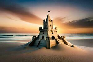 un arena castillo en el playa a puesta de sol. generado por ai foto