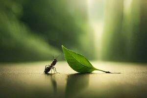 un pequeño hormiga es en pie en un hoja y mirando a el cámara. generado por ai foto