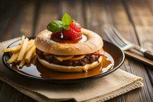 a hamburger with a strawberry on top and french fries. AI-Generated photo