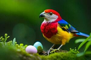 a colorful bird sits on a mossy branch with eggs. AI-Generated photo