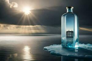 a bottle of water sitting on the ice with a sun shining through it. AI-Generated photo