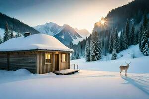 a deer stands in front of a cabin in the snow. AI-Generated photo