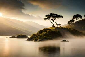 photo wallpaper the sky, trees, water, mountains, lake, deer, tree, lake,. AI-Generated