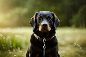 a black and tan dog sitting in the grass. AI-Generated photo