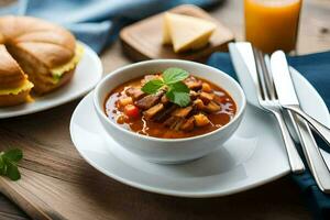 a bowl of stew with meat and vegetables on a wooden table. AI-Generated photo