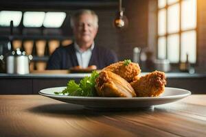 an older man sitting in the kitchen with a plate of fried chicken. AI-Generated photo