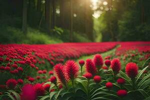 rojo flores en el bosque con el Dom brillante. generado por ai foto