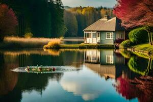 a house sits on the edge of a lake with trees in the background. AI-Generated photo