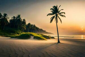 the beach, palm trees, sunset, sand, beach, palm trees, beach, the beach. AI-Generated photo