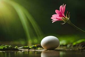 a white egg and a pink flower on the ground. AI-Generated photo