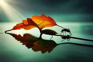 a leaf and a bug on the water. AI-Generated photo