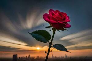 un soltero Rosa es visto en frente de un ciudad horizonte. generado por ai foto