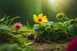 un pequeño amarillo flor y algunos pequeño tortugas en el bosque. generado por ai foto