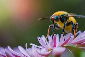 un abeja en un flor con un verde y rojo rostro. generado por ai foto